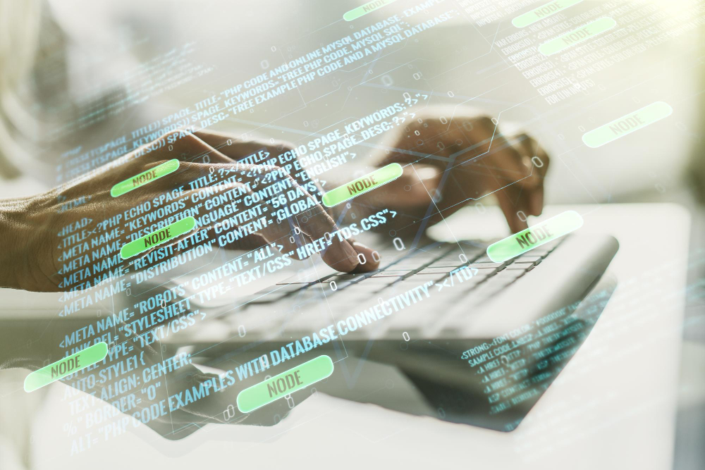 abstract-creative-coding-concept-with-hands-typing-laptop-background-multiexposure